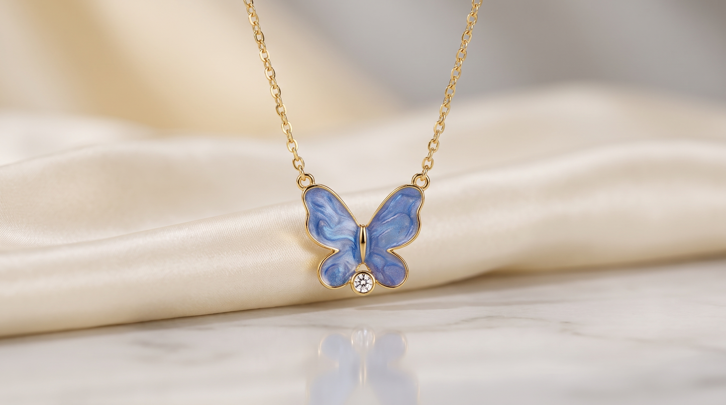 Blue Enamel Butterfly Pendant Necklace