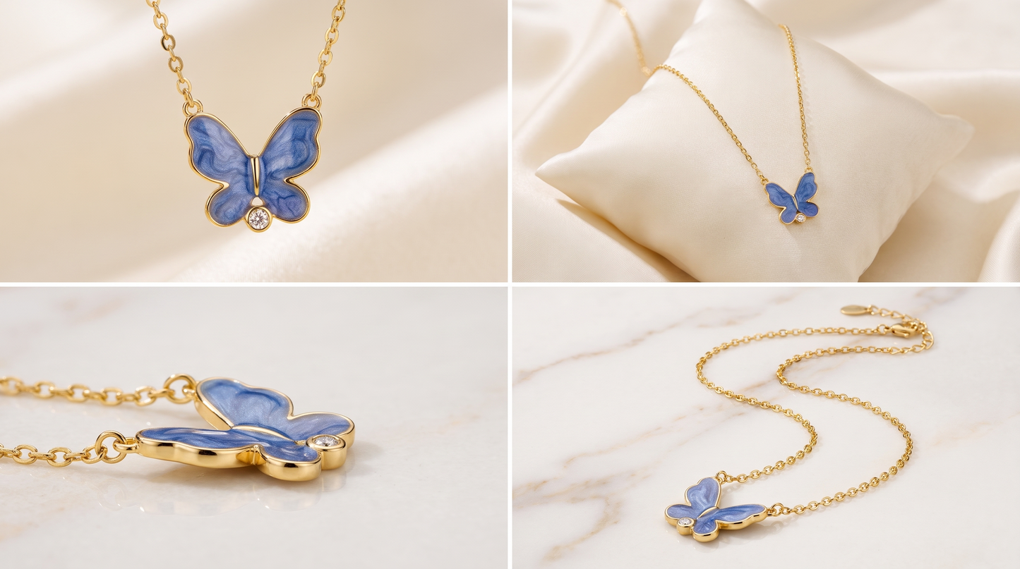 Blue Enamel Butterfly Pendant Necklace