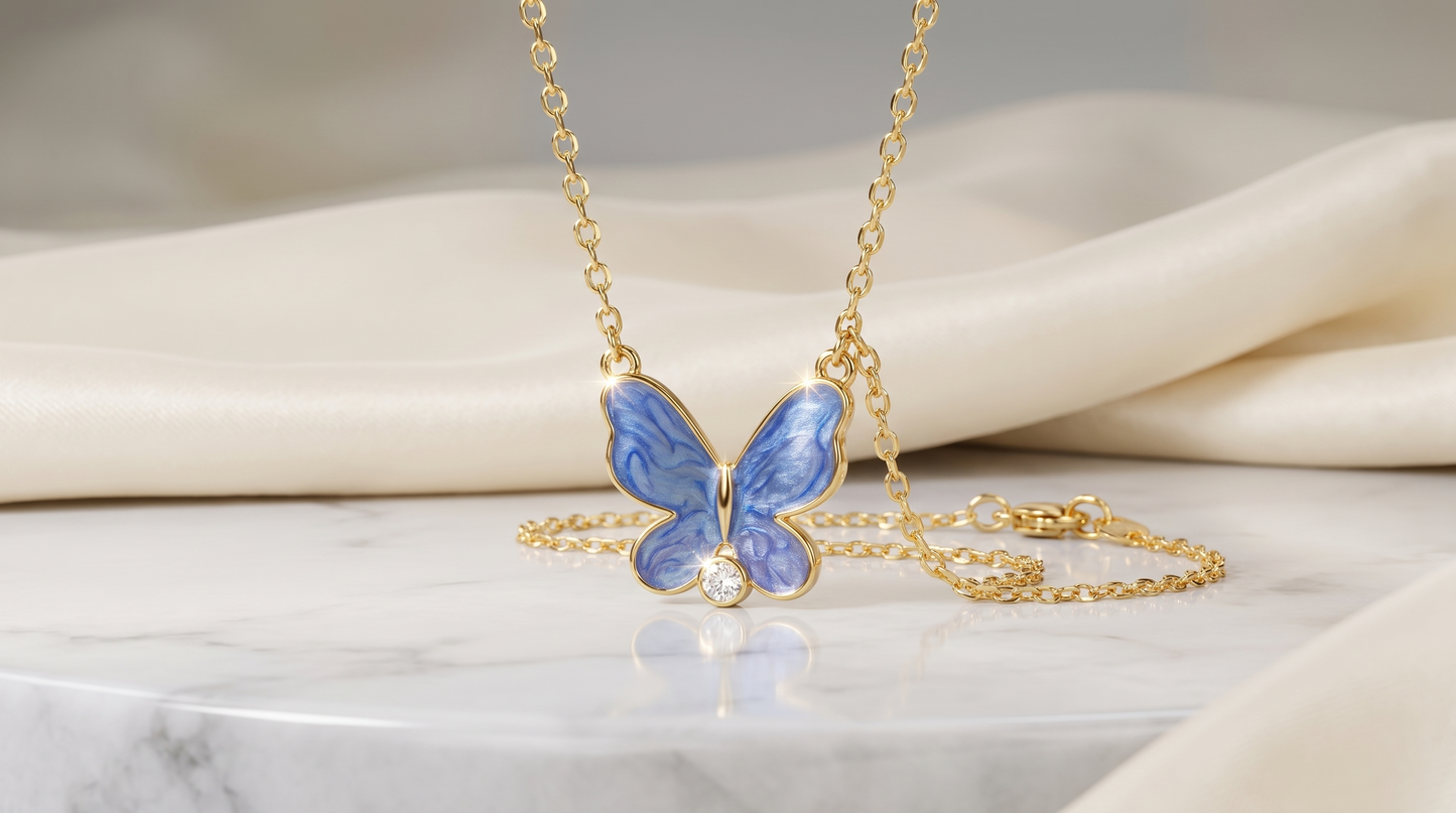 Blue Enamel Butterfly Pendant Necklace